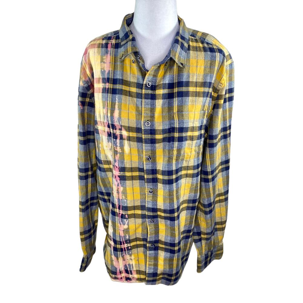 Denim & Flower Slim Fit Yellow Blue Plaid Flannel Long Sleeve Shirt XL